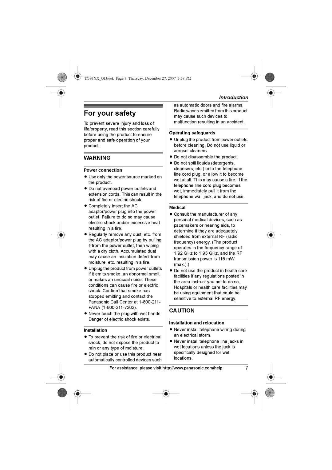 Panasonic KX-TG9331, KX-TG9343, KX-TG9334, KX-TG9333, KX-TG9332, KX-TG9341, KX-TG9342 operating instructions For your safety 