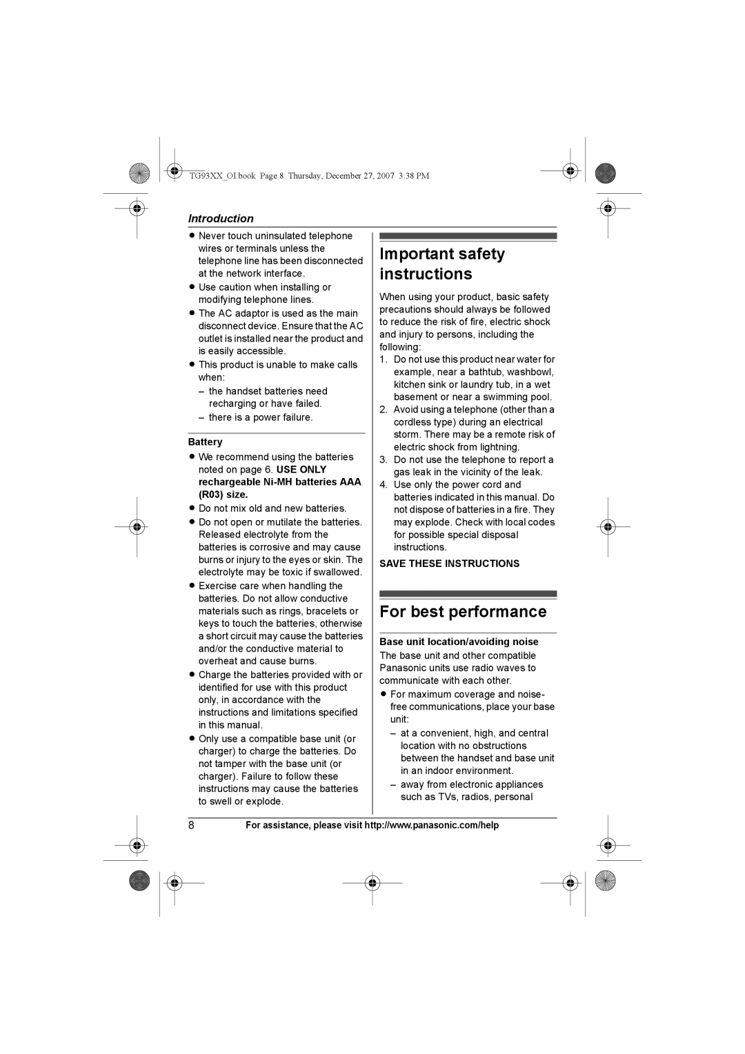 Panasonic KX-TG9343 Important safety instructions, For best performance, Battery, Base unit location/avoiding noise 