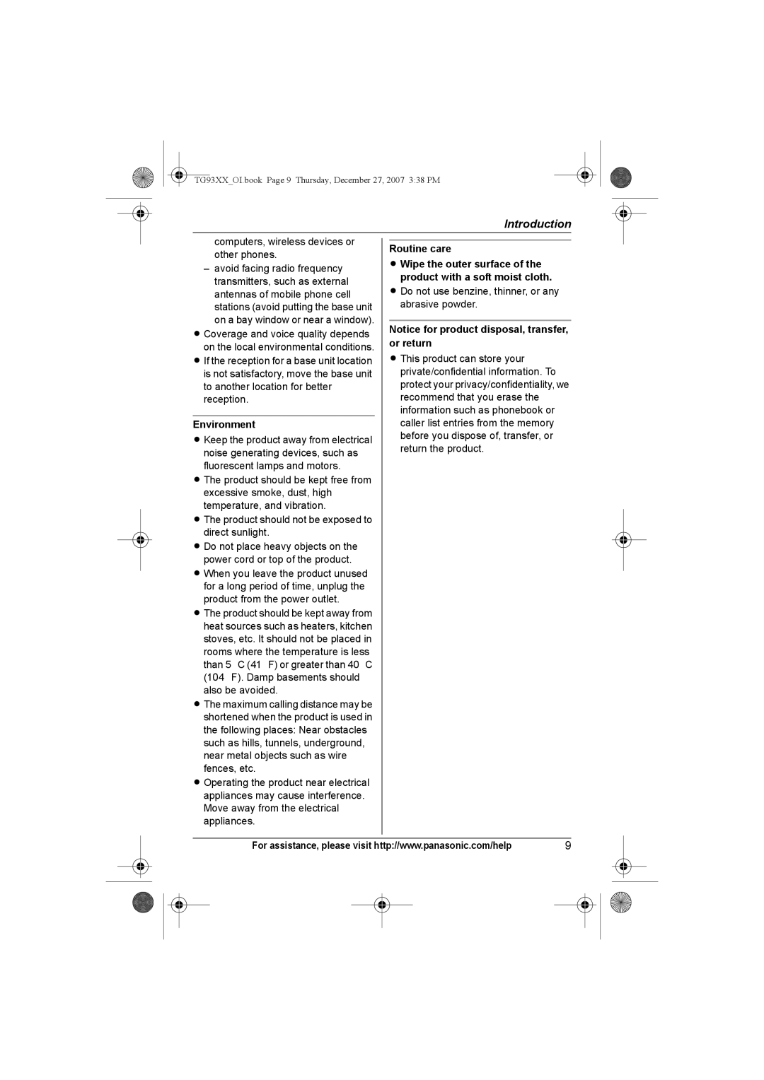 Panasonic KX-TG9334, KX-TG9331, KX-TG9343, KX-TG9333, KX-TG9332, KX-TG9341, KX-TG9342 Environment, Routine care 