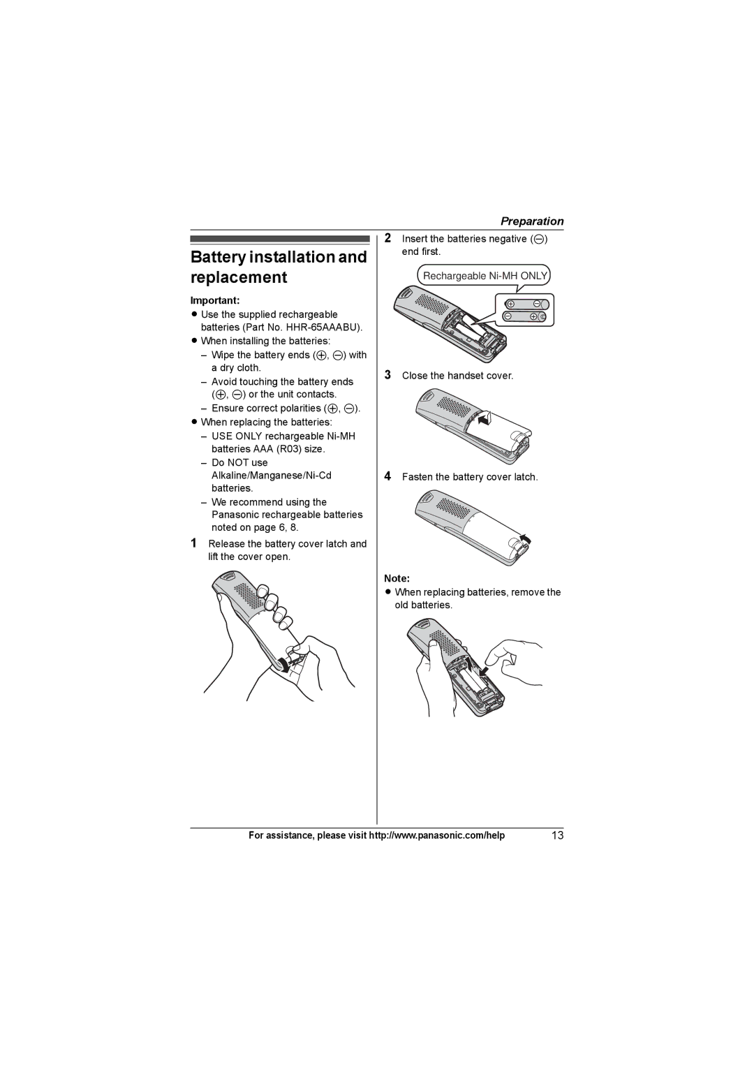 Panasonic KX-TG9372, KX-TG9361, KX-TG9371 operating instructions Battery installation and replacement 