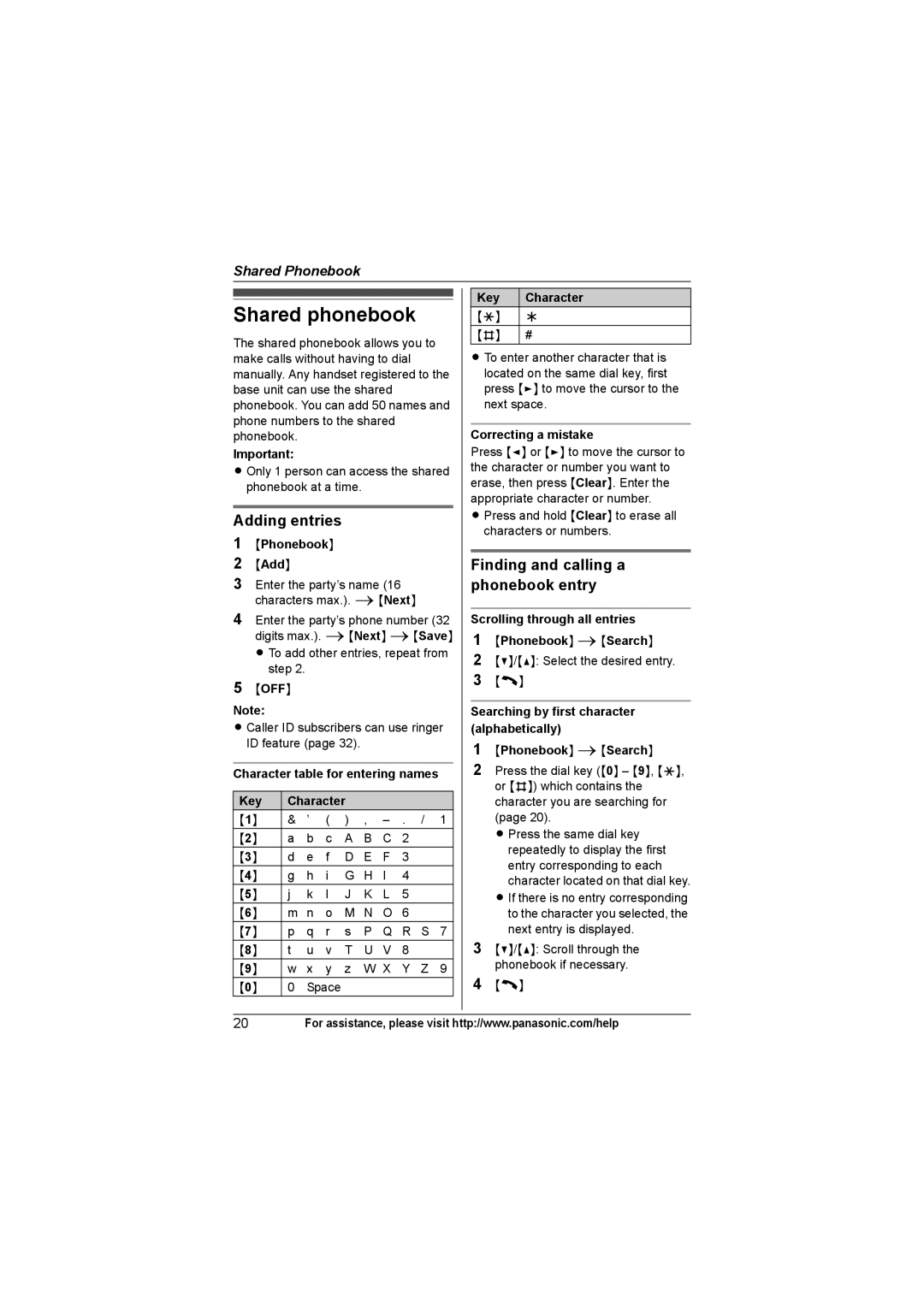 Panasonic KX-TG9371, KX-TG9361, KX-TG9372 Shared phonebook, Adding entries, Finding and calling a phonebook entry 