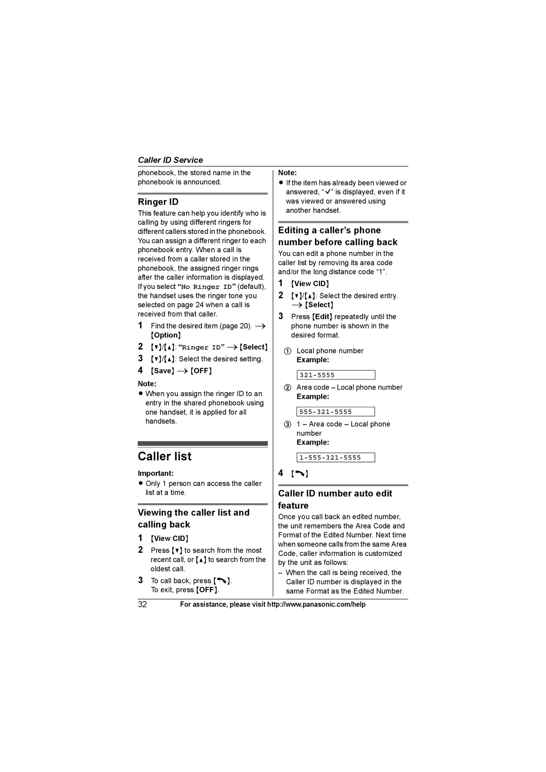 Panasonic KX-TG9371 Caller list, Ringer ID, Viewing the caller list and calling back, Caller ID number auto edit feature 