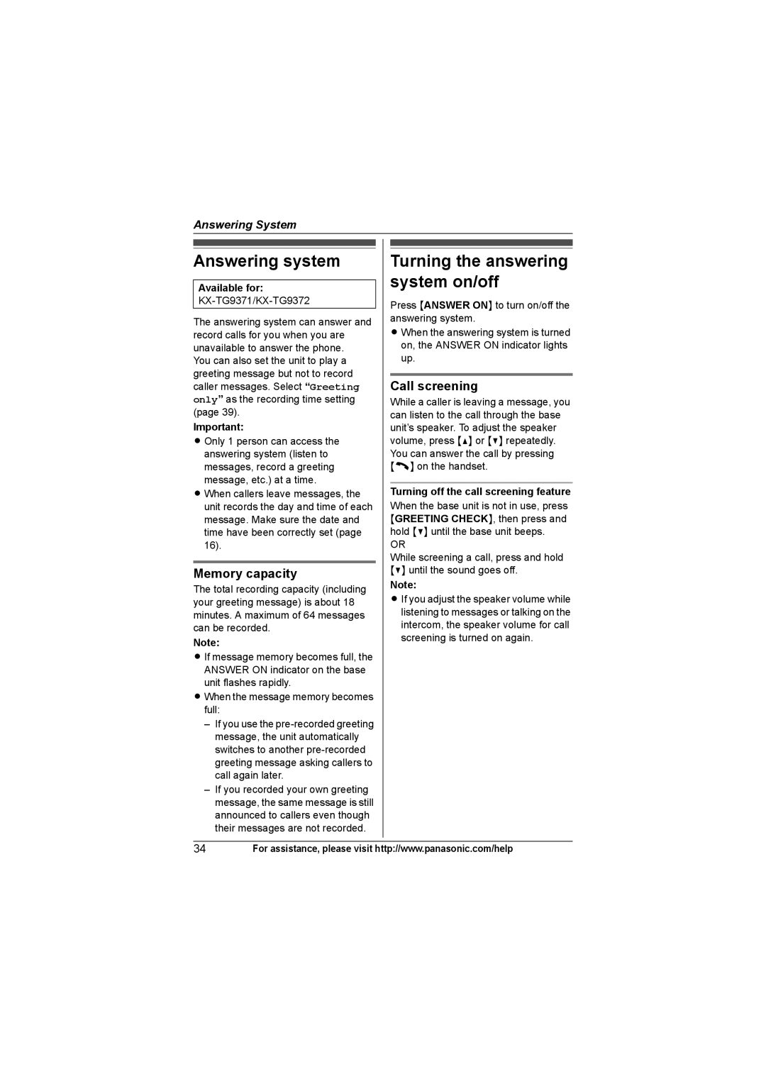 Panasonic KX-TG9372, KX-TG9361 Answering system, Turning the answering system on/off, Memory capacity, Call screening 