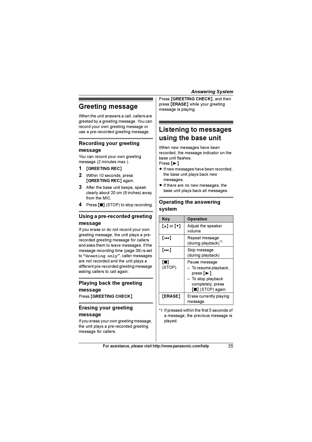 Panasonic KX-TG9371, KX-TG9361, KX-TG9372 operating instructions Greeting message, Listening to messages using the base unit 