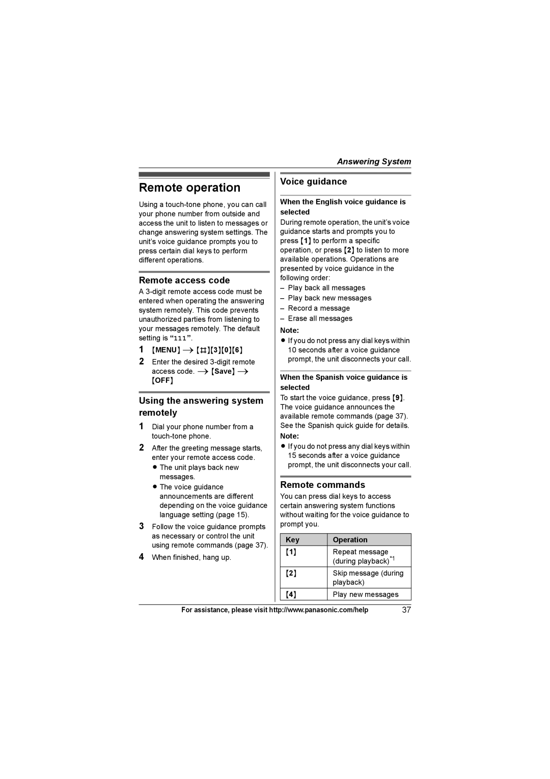 Panasonic KX-TG9372, KX-TG9361 Remote operation, Remote access code, Using the answering system remotely, Remote commands 