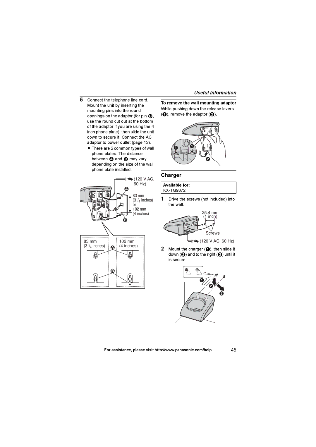 Panasonic KX-TG9361, KX-TG9372, KX-TG9371 operating instructions Charger, To remove the wall mounting adaptor 