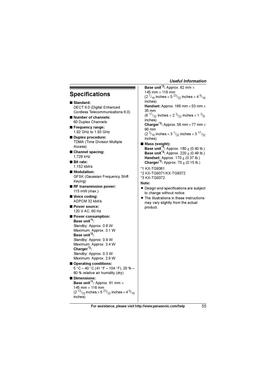 Panasonic KX-TG9372, KX-TG9361, KX-TG9371 operating instructions Specifications 