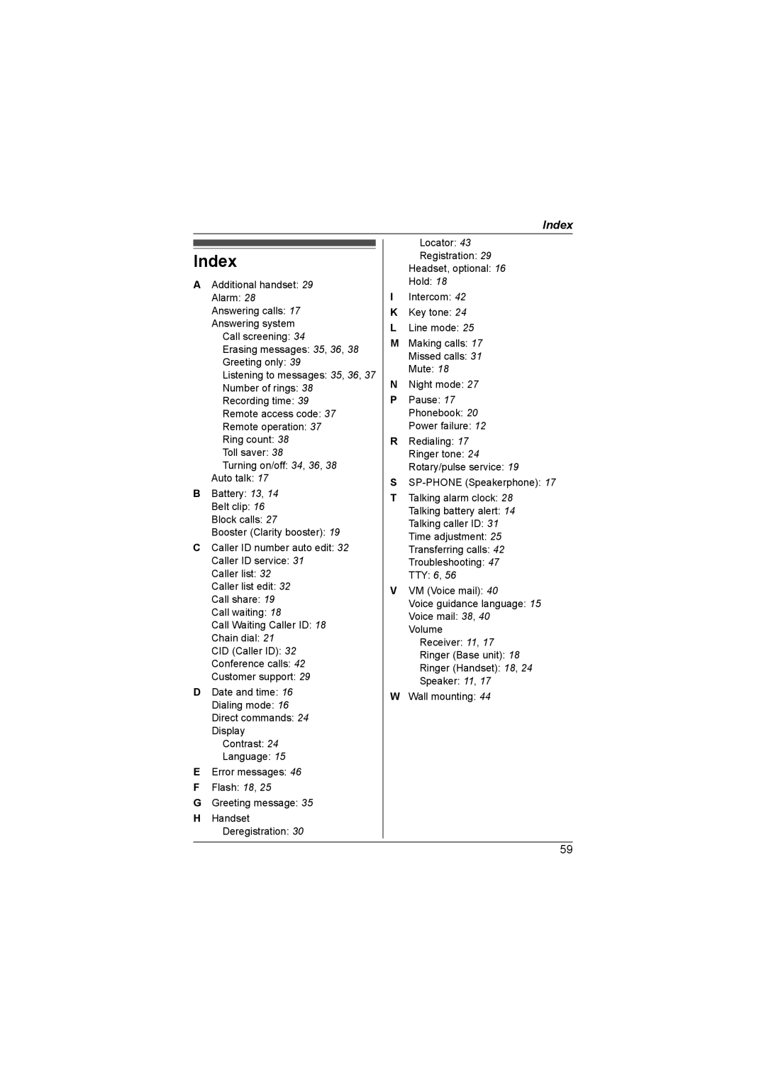 Panasonic KX-TG9371, KX-TG9361, KX-TG9372 operating instructions Index 