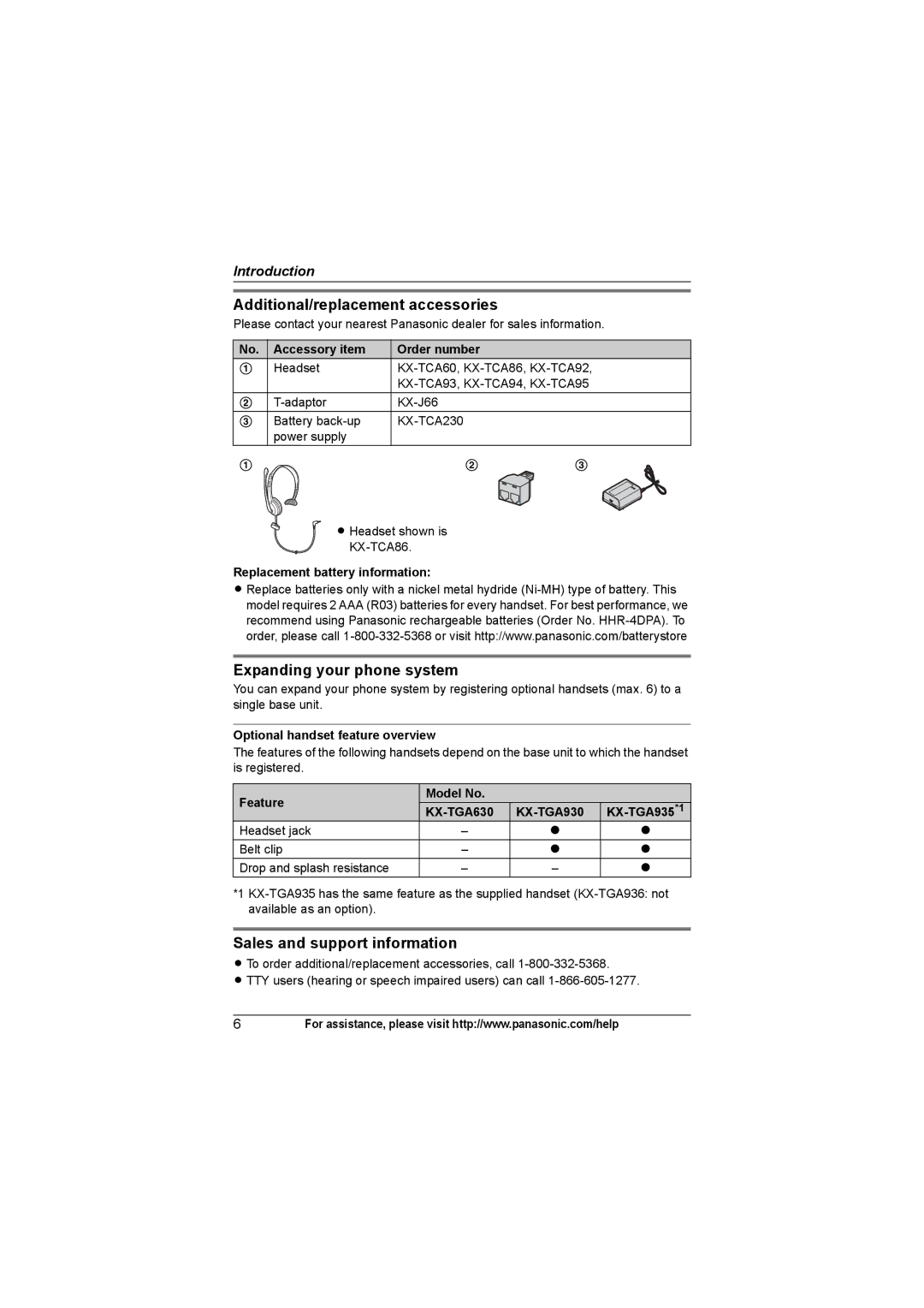 Panasonic KX-TG9361 Additional/replacement accessories, Expanding your phone system, Sales and support information 