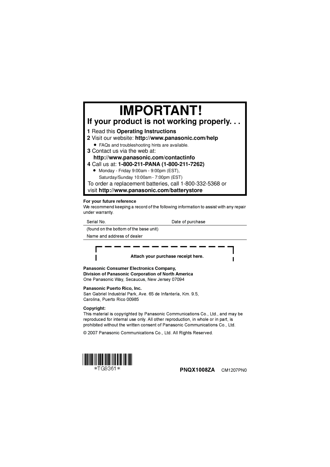 Panasonic KX-TG9361, KX-TG9372, KX-TG9371 Read this Operating Instructions, Call us at 1-800-211-PANA, PNQX1008ZA CM1207PN0 