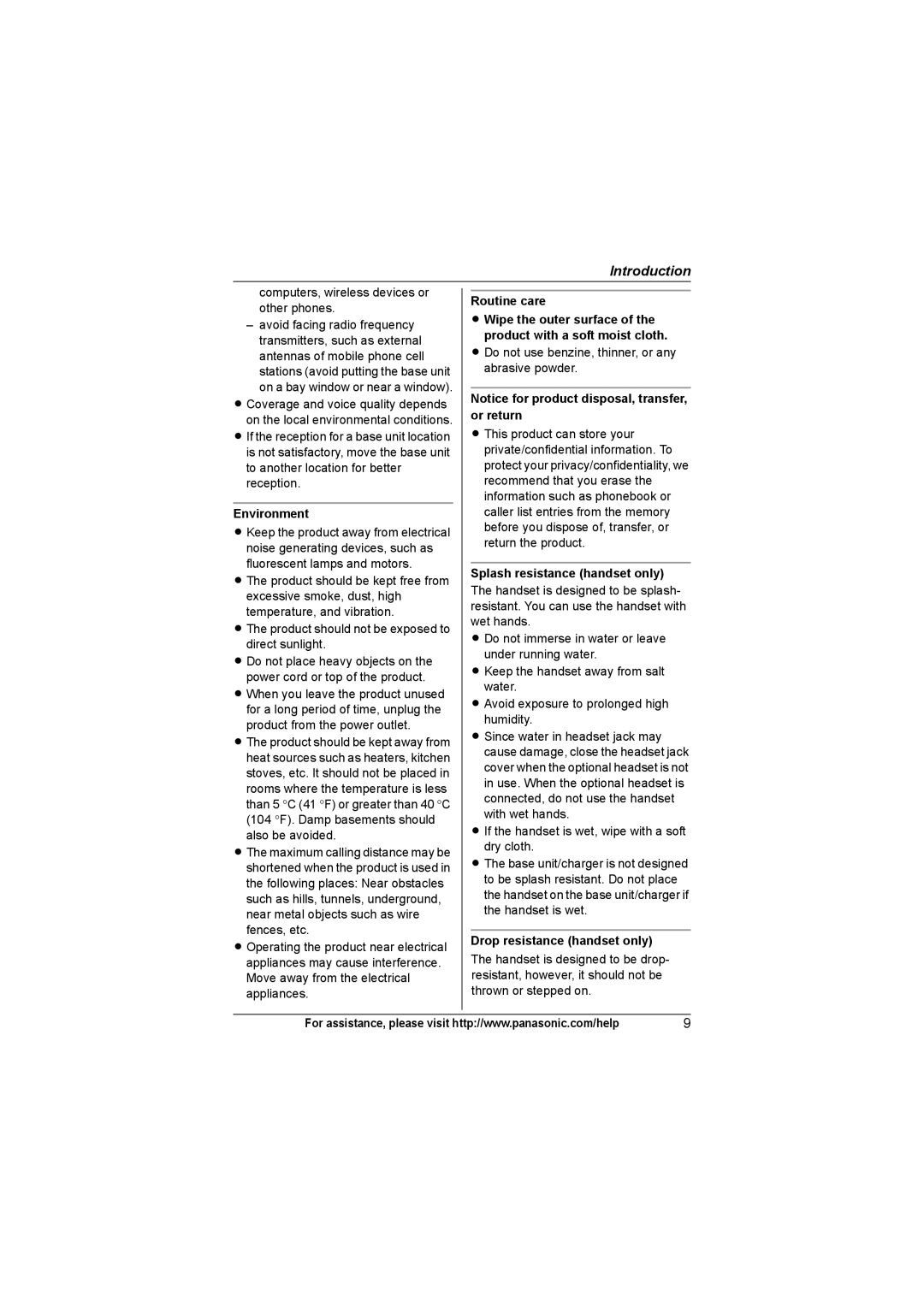 Panasonic KX-TG9361, KX-TG9372, KX-TG9371 operating instructions Environment, Routine care, Drop resistance handset only 