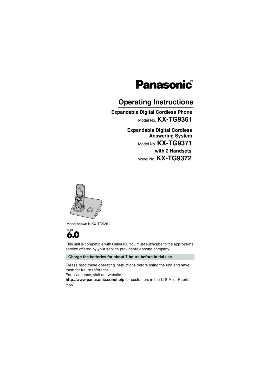 Panasonic KX-TG9372 operating instructions Charge the batteries for about 7 hours before initial use, with 2 Handsets 