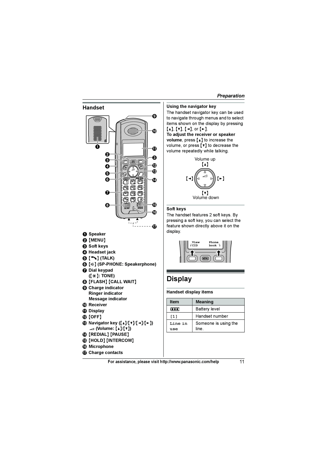 Panasonic KX-TG9371 Display, Handset, Preparation, I J Ak B Cc Dl E M F N G Ho P Q, Using the navigator key, Soft keys 