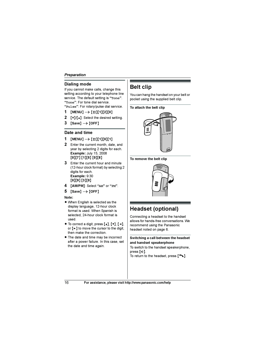 Panasonic KX-TG9372, KX-TG9361 Belt clip, Headset optional, Dialing mode, Date and time, Preparation, Save iOFF, Example 