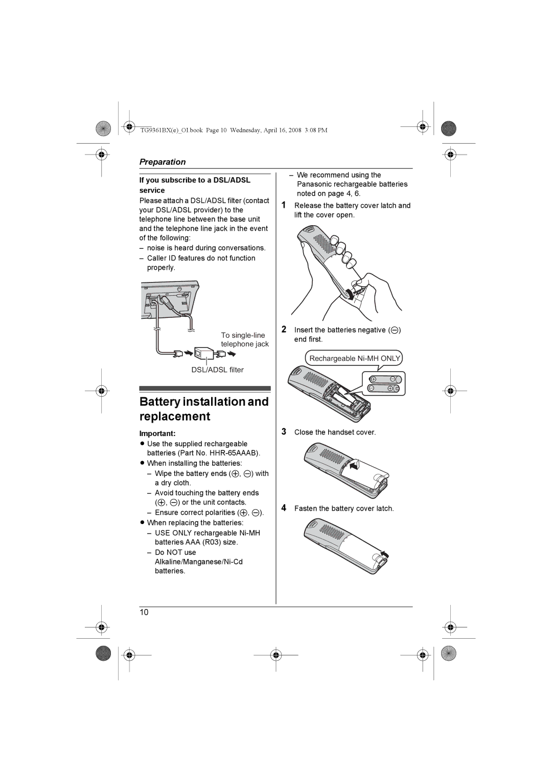 Panasonic KX-TG9361BX operating instructions Battery installation and replacement, If you subscribe to a DSL/ADSL service 