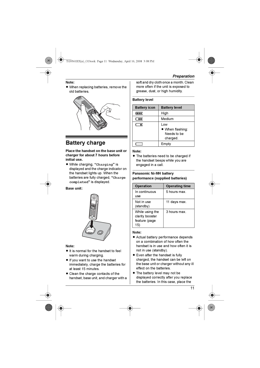 Panasonic KX-TG9361BX operating instructions Battery charge, Battery level Battery icon, Operation Operating time 