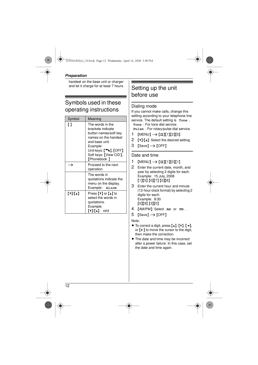 Panasonic KX-TG9361BX Symbols used in these operating instructions, Setting up the unit before use, Dialing mode 