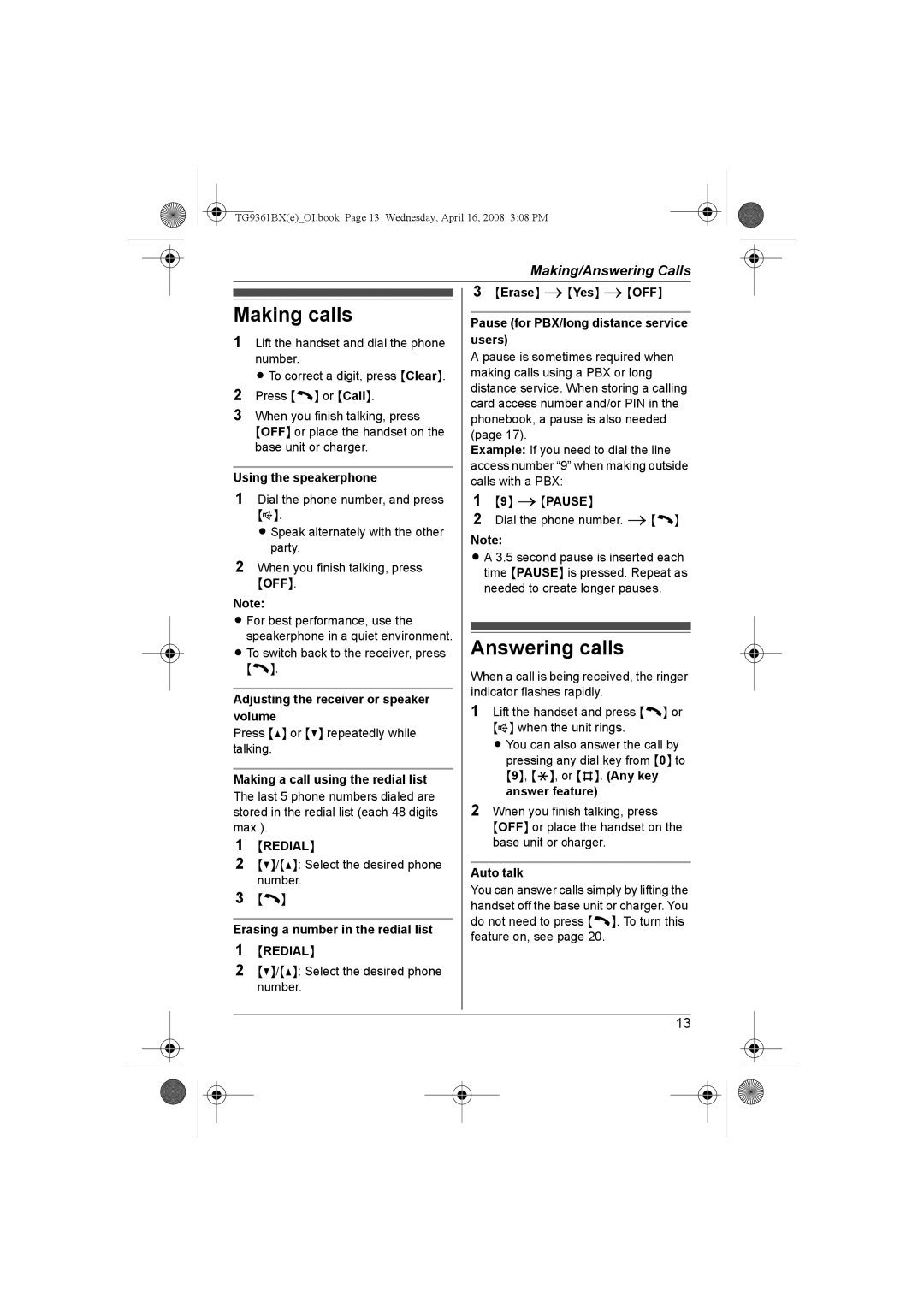 Panasonic KX-TG9361BX Answering calls, Erase iYes iOFF Pause for PBX/long distance service users, Ipause, Auto talk 