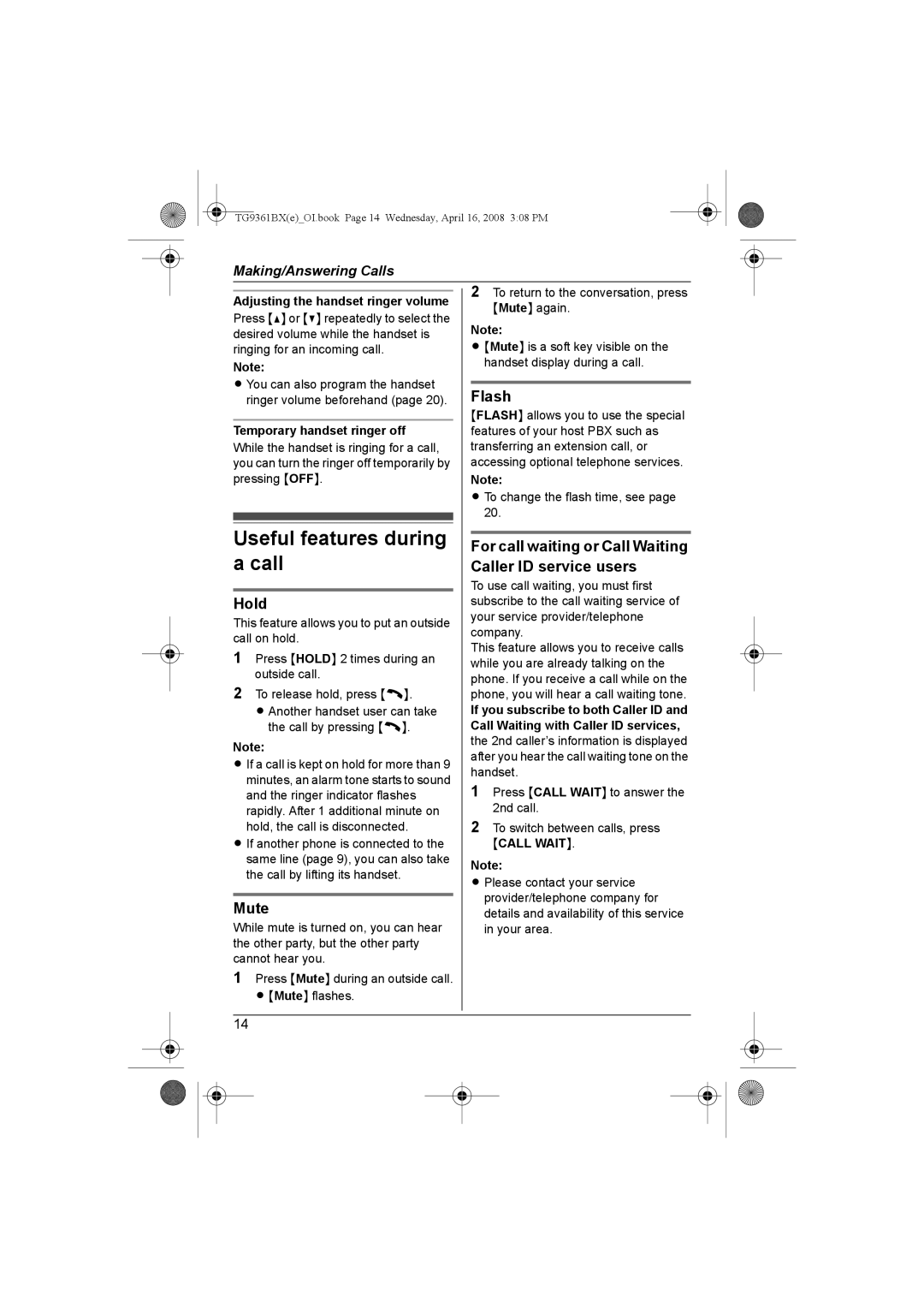 Panasonic KX-TG9361BX operating instructions Useful features during a call, Hold, Mute, Flash 