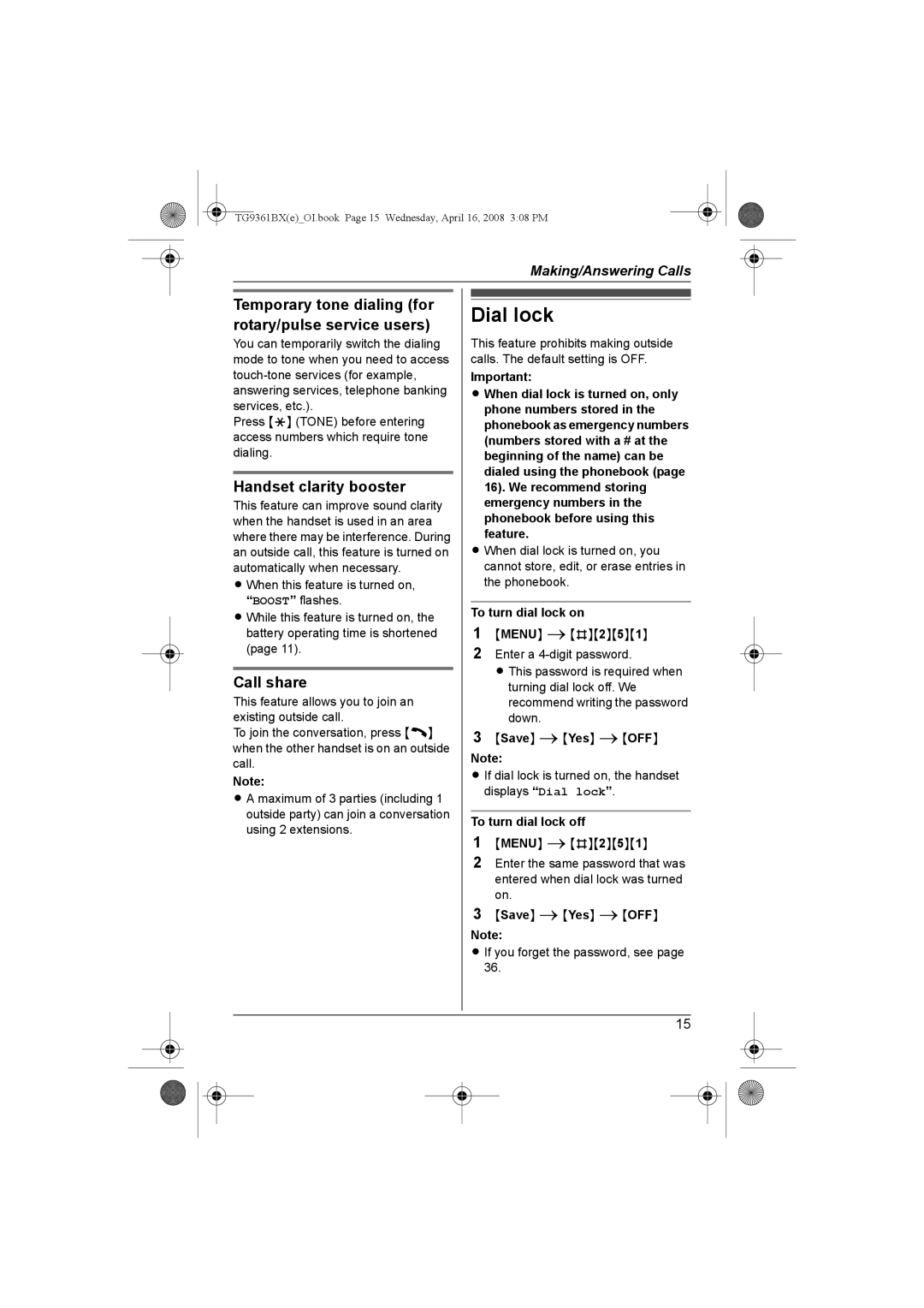 Panasonic KX-TG9361BX Dial lock, Temporary tone dialing for rotary/pulse service users, Handset clarity booster 