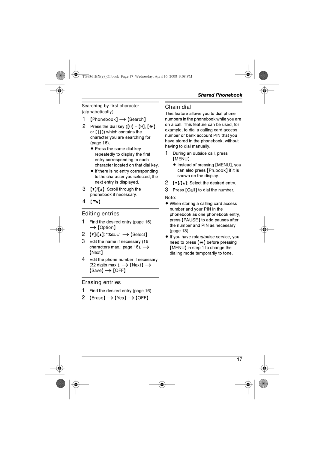 Panasonic KX-TG9361BX operating instructions Editing entries, Erasing entries, Chain dial, Next, Erase iYes iOFF 