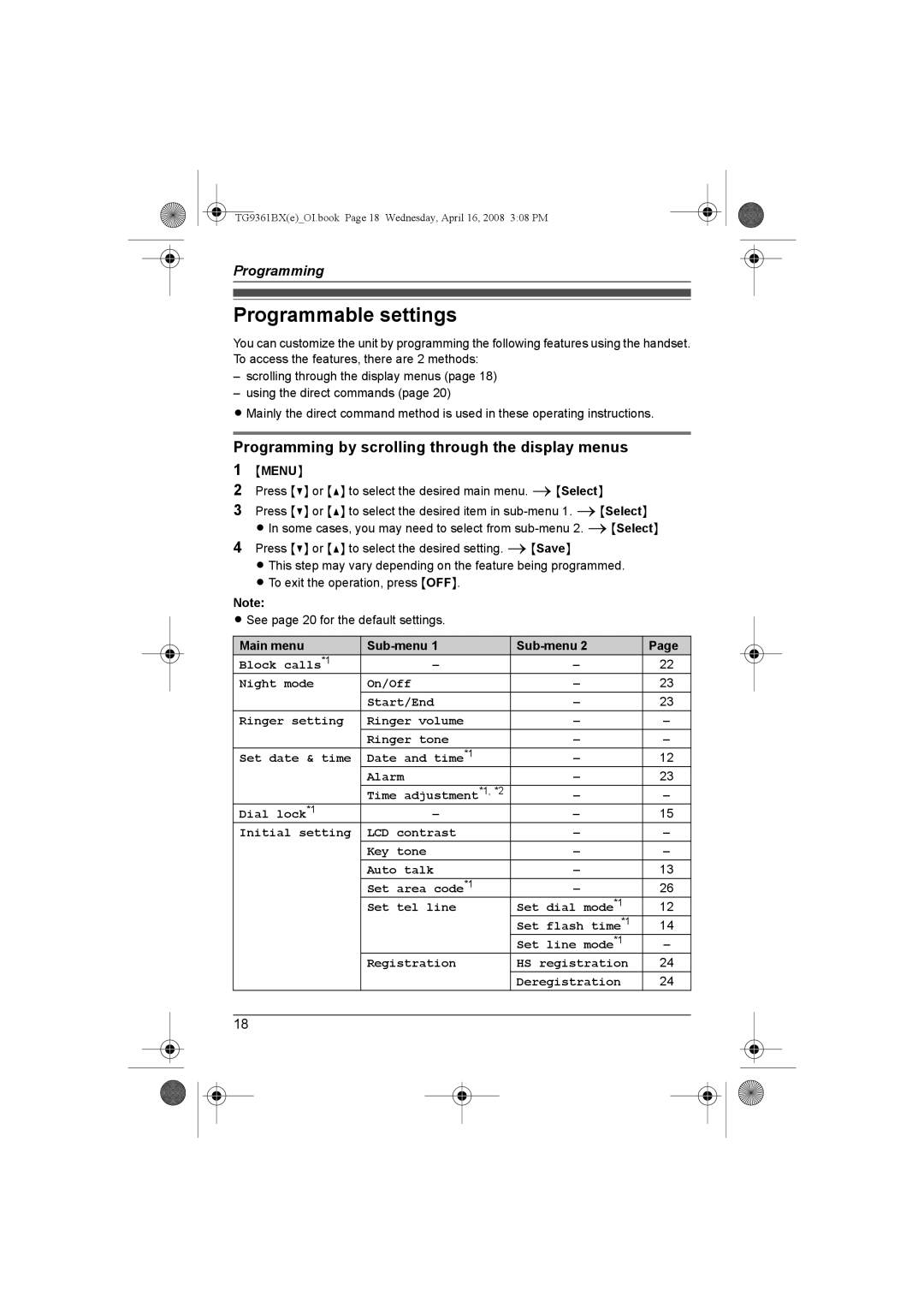 Panasonic KX-TG9361BX Programmable settings, Programming by scrolling through the display menus, Menu, Main menu Sub-menu 