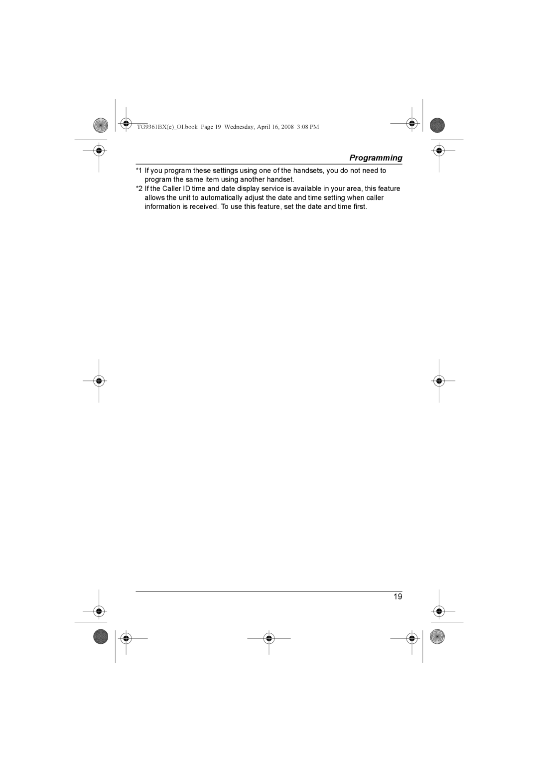 Panasonic KX-TG9361BX operating instructions TG9361BXeOI.book Page 19 Wednesday, April 16, 2008 308 PM 