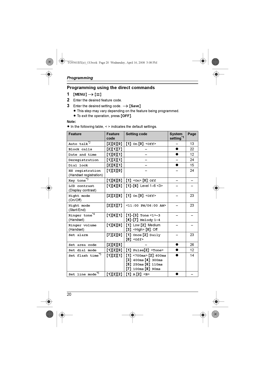 Panasonic KX-TG9361BX operating instructions Programming using the direct commands, Feature Setting code System Code 