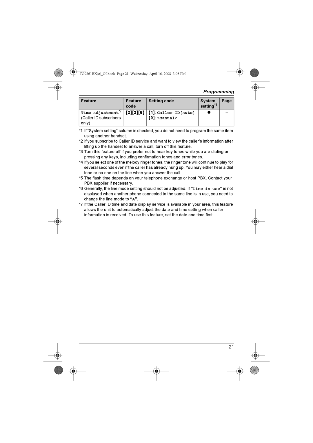 Panasonic KX-TG9361BX operating instructions Feature Setting code System Code Setting*1, Caller IDauto 