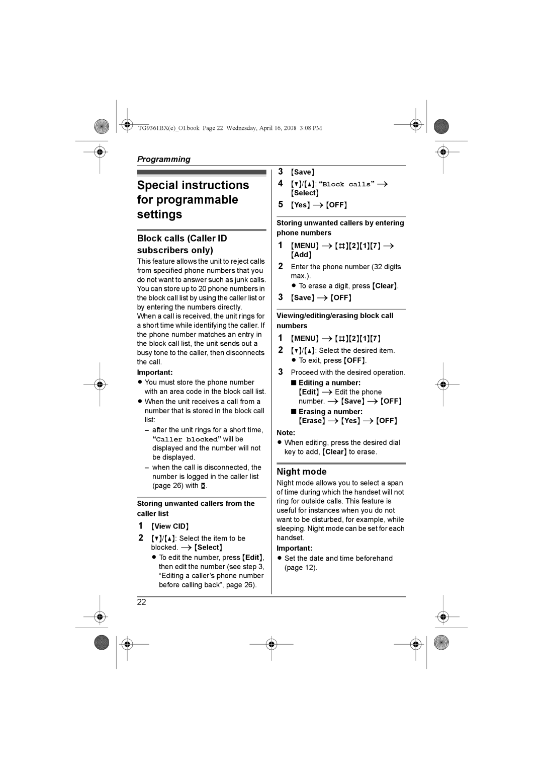 Panasonic KX-TG9361BX Special instructions for programmable settings, Block calls Caller ID subscribers only, Night mode 