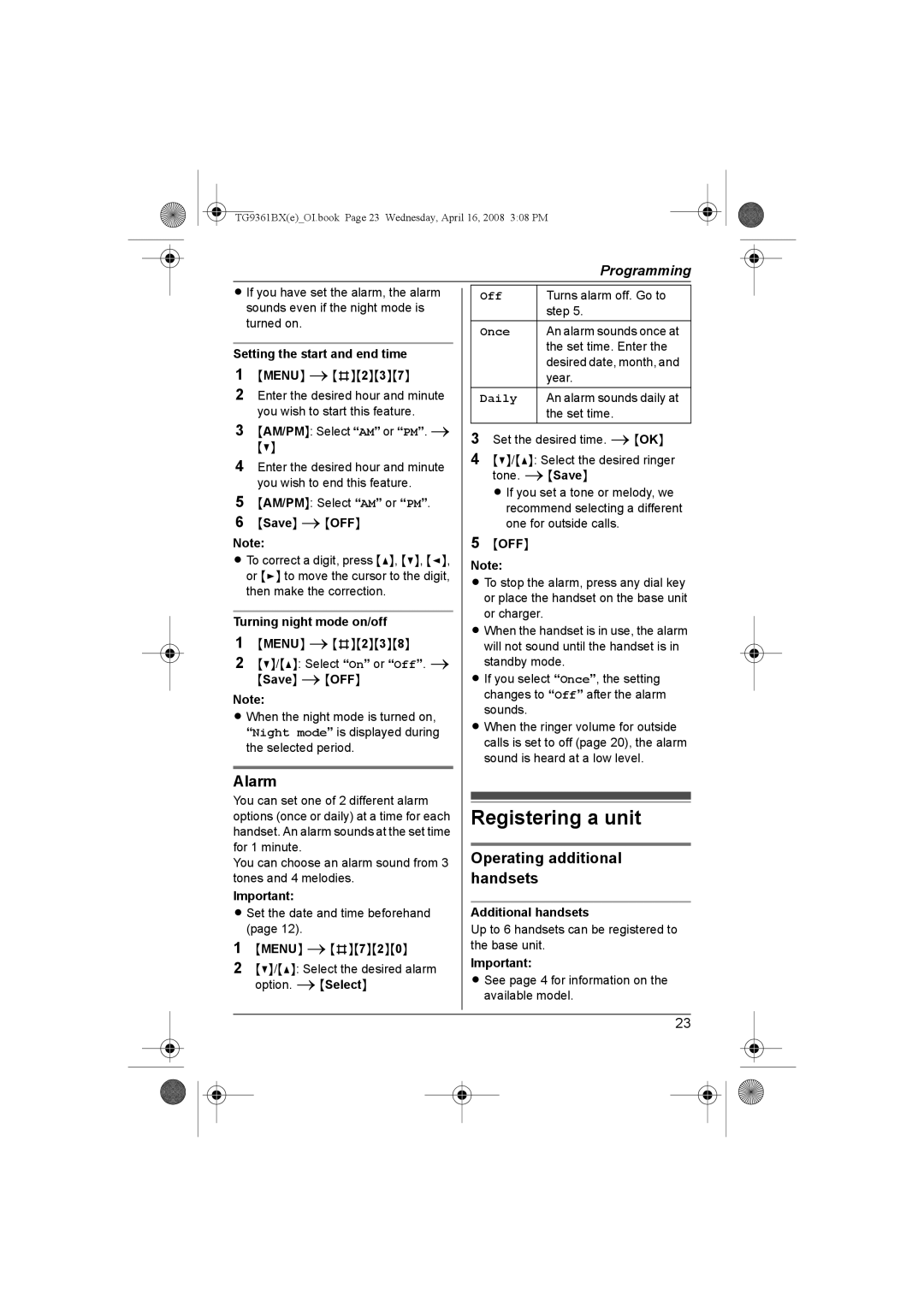 Panasonic KX-TG9361BX operating instructions Registering a unit, Alarm, Operating additional handsets 