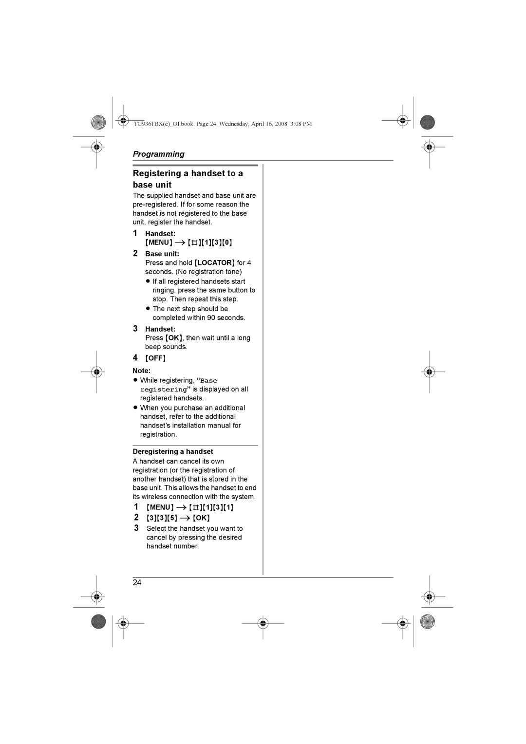 Panasonic KX-TG9361BX operating instructions Registering a handset to a base unit, Deregistering a handset 