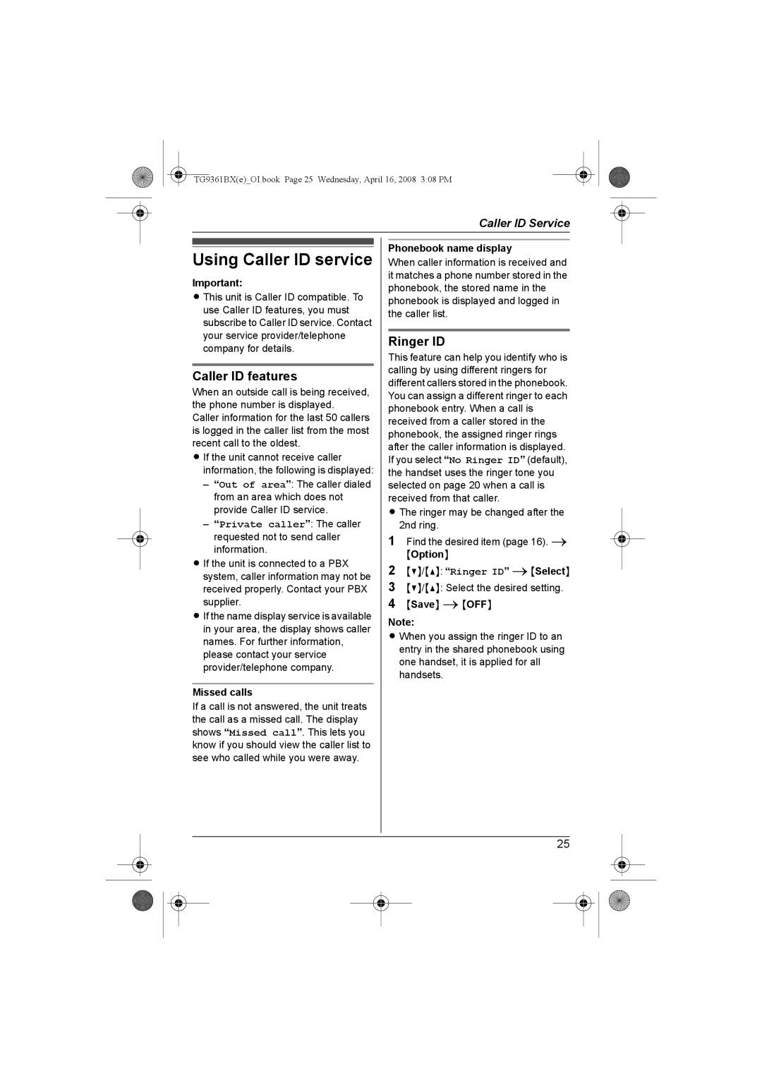 Panasonic KX-TG9361BX operating instructions Using Caller ID service, Caller ID features, Ringer ID 