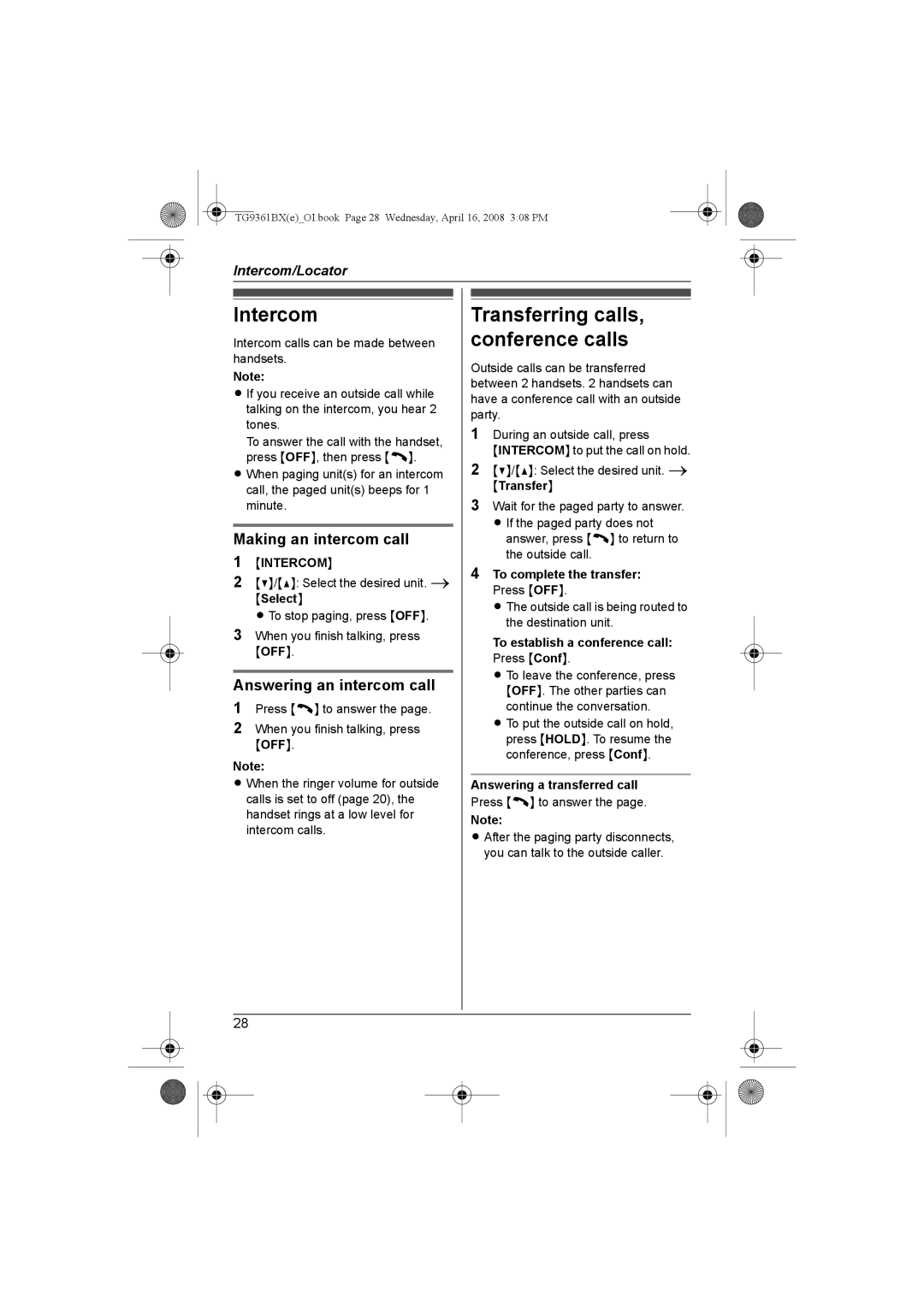 Panasonic KX-TG9361BX operating instructions Intercom, Making an intercom call, Answering an intercom call 