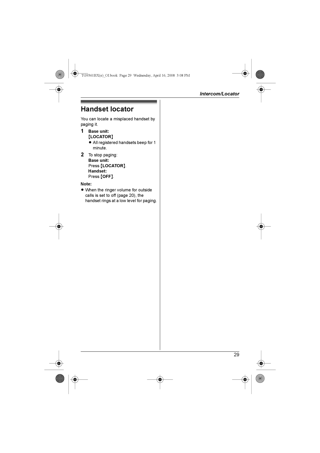 Panasonic KX-TG9361BX operating instructions Handset locator, Base unit Locator, Handset Press OFF 