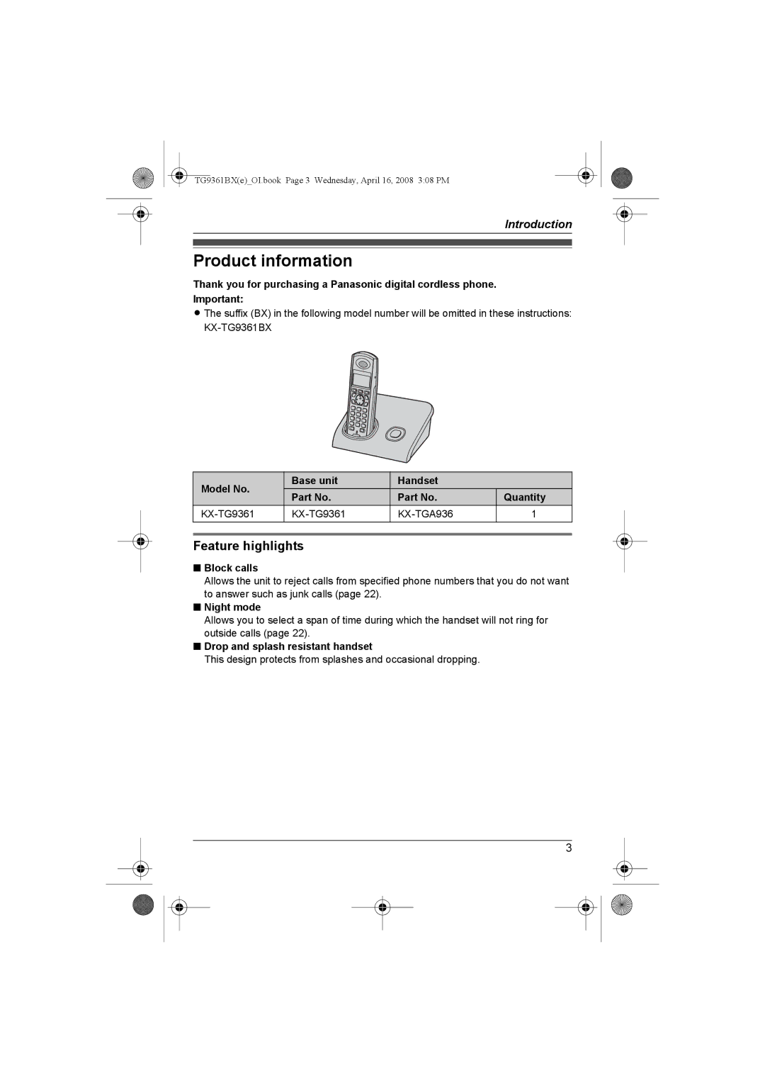 Panasonic KX-TG9361BX operating instructions Product information, Feature highlights 