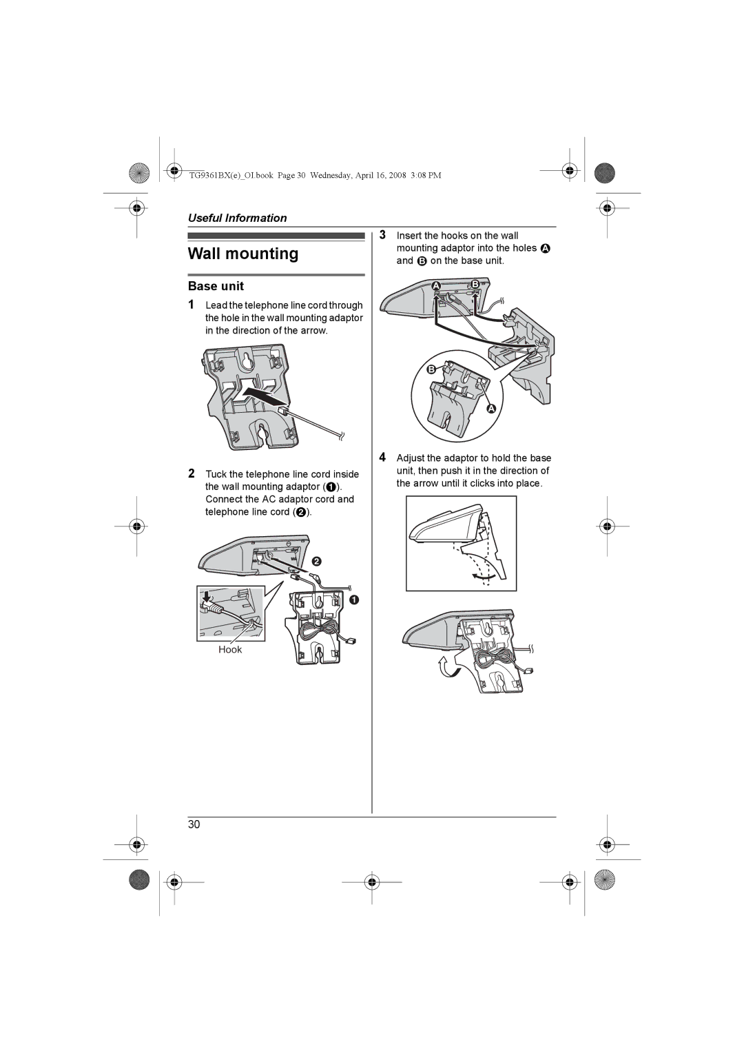 Panasonic KX-TG9361BX operating instructions Wall mounting, Base unit 