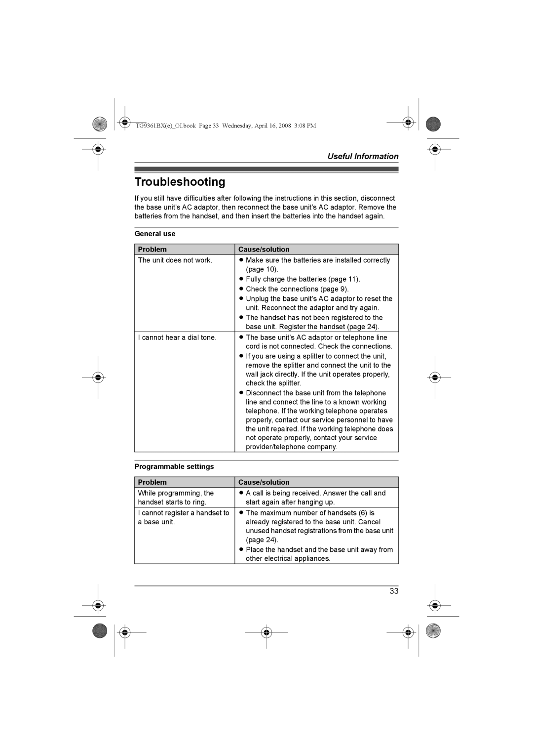 Panasonic KX-TG9361BX Troubleshooting, General use Problem Cause/solution, Programmable settings Problem Cause/solution 