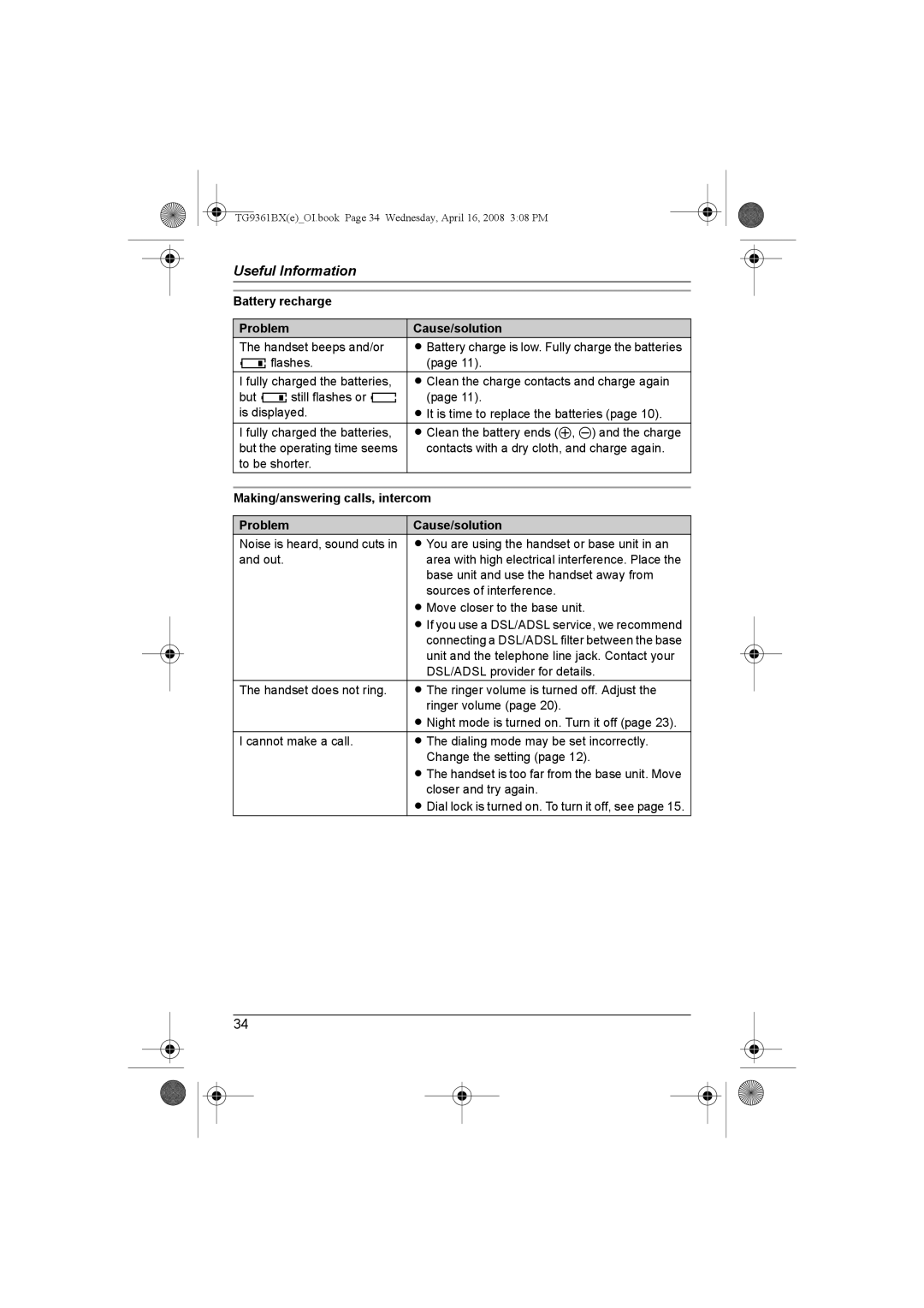 Panasonic KX-TG9361BX operating instructions Battery recharge Problem Cause/solution, Making/answering calls, intercom 