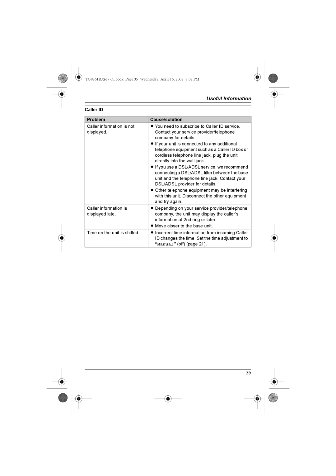 Panasonic KX-TG9361BX operating instructions Caller ID Problem Cause/solution 