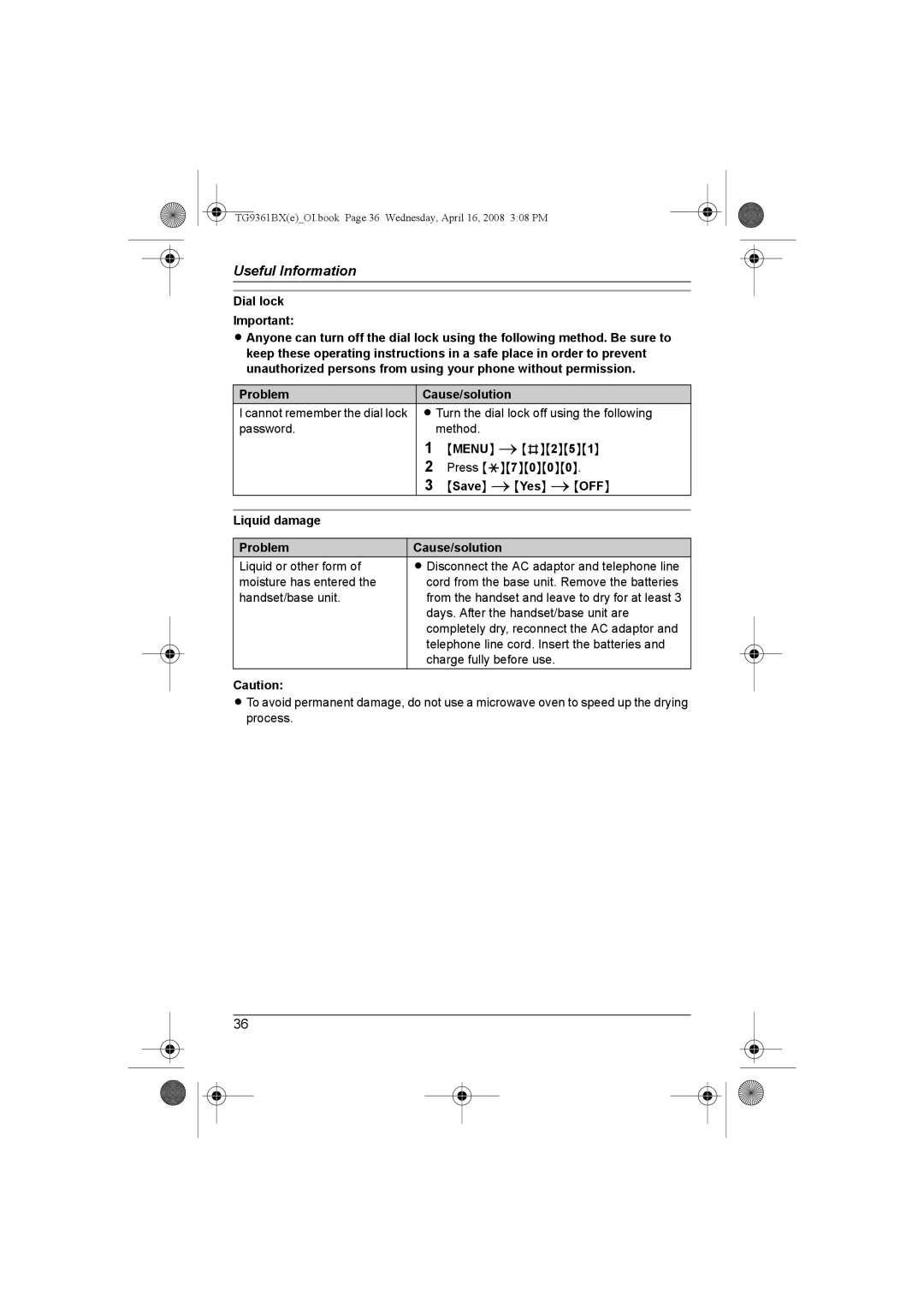 Panasonic KX-TG9361BX operating instructions Dial lock Important, Liquid damage Problem Cause/solution 