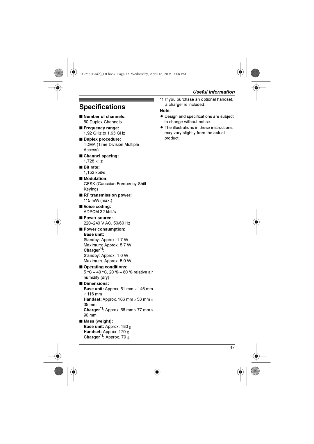 Panasonic KX-TG9361BX operating instructions Specifications 