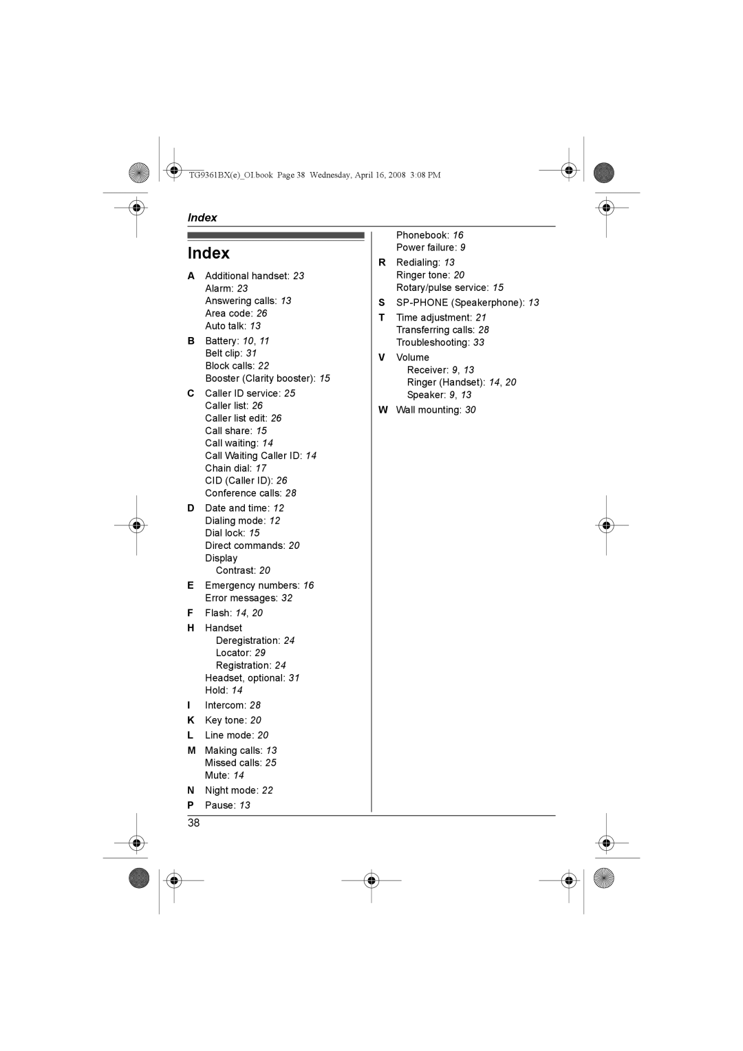 Panasonic KX-TG9361BX operating instructions Index 