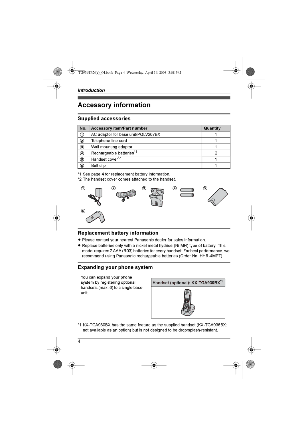 Panasonic KX-TG9361BX operating instructions Accessory information, Supplied accessories, Replacement battery information 