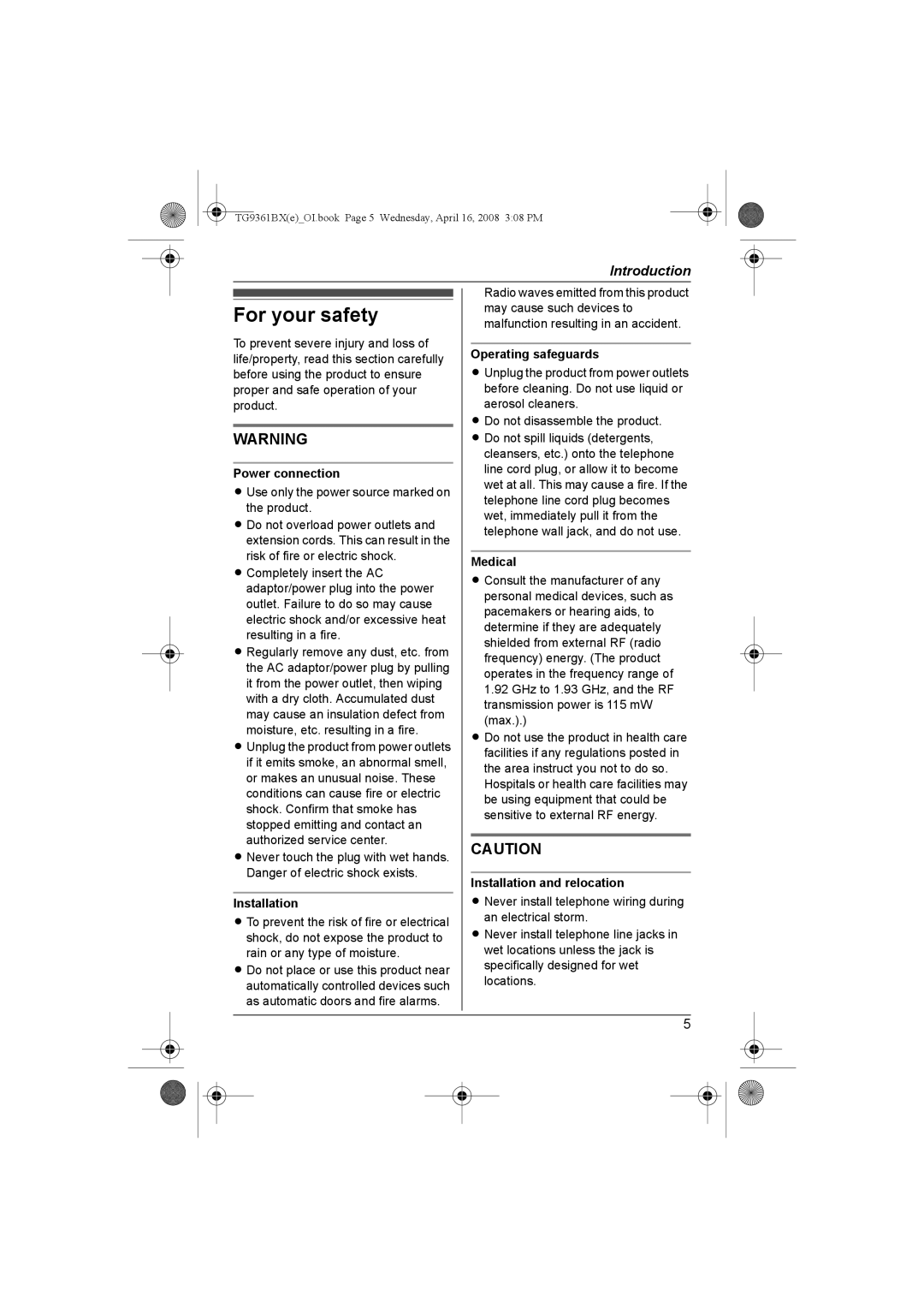 Panasonic KX-TG9361BX operating instructions For your safety 