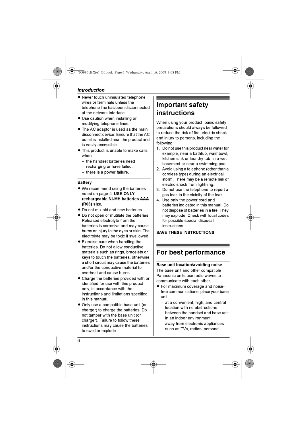 Panasonic KX-TG9361BX Important safety instructions, For best performance, Battery, Base unit location/avoiding noise 