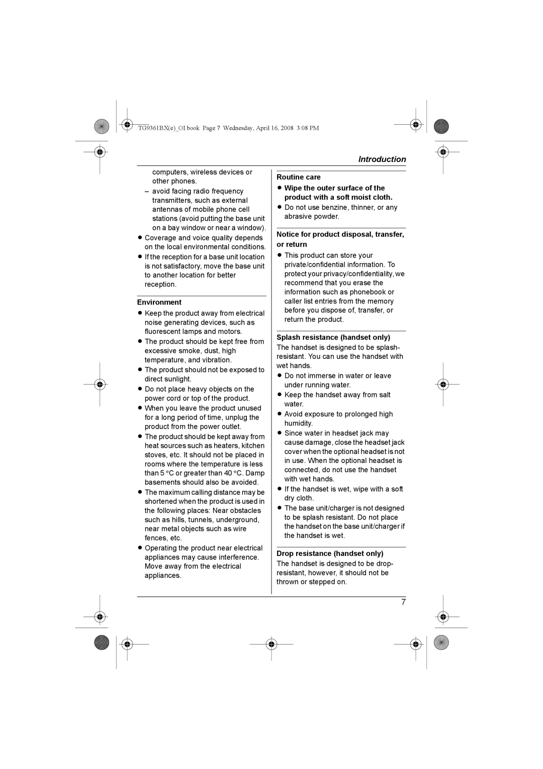 Panasonic KX-TG9361BX operating instructions Environment, Routine care, Splash resistance handset only 