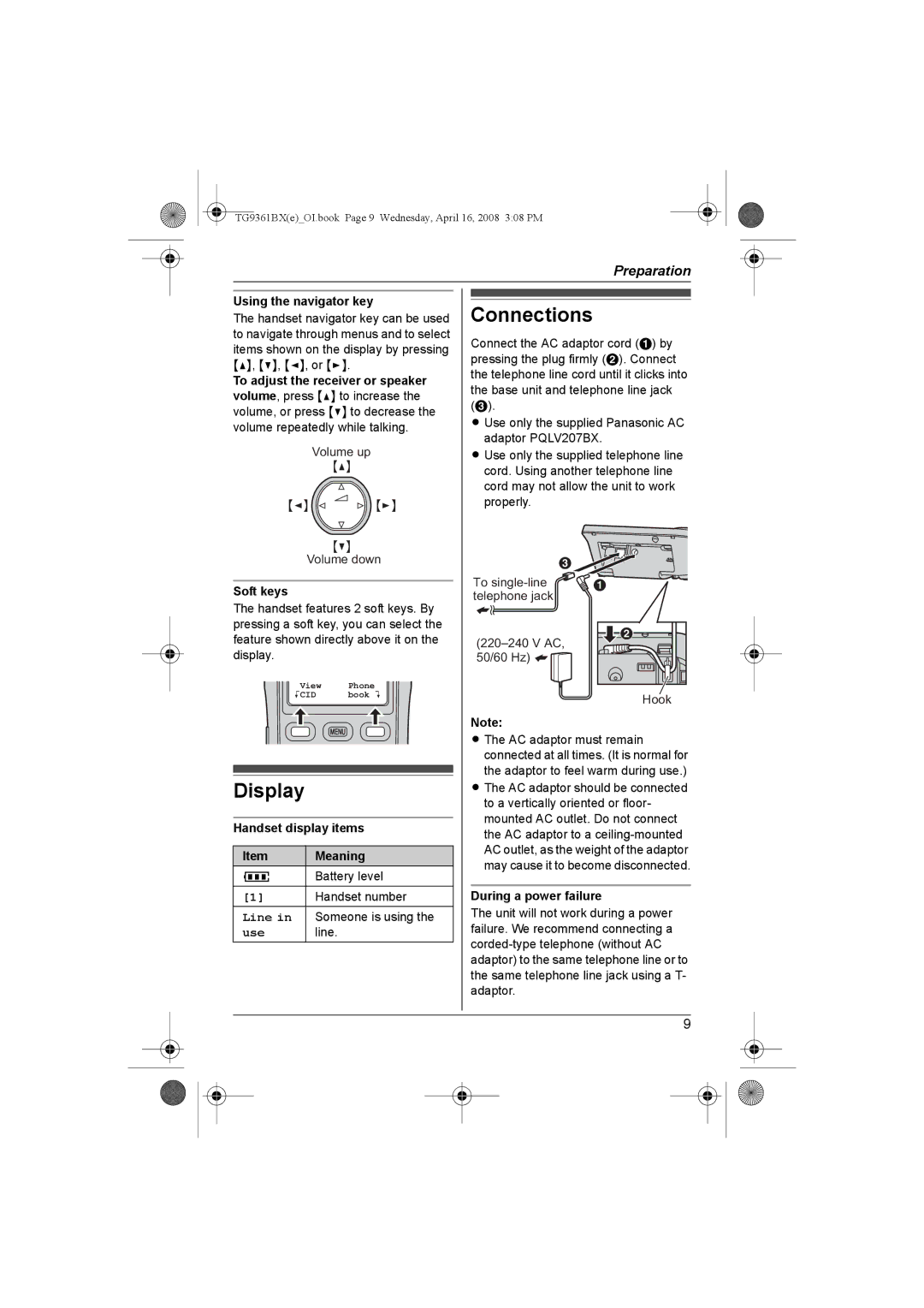 Panasonic KX-TG9361BX operating instructions Display, Connections 