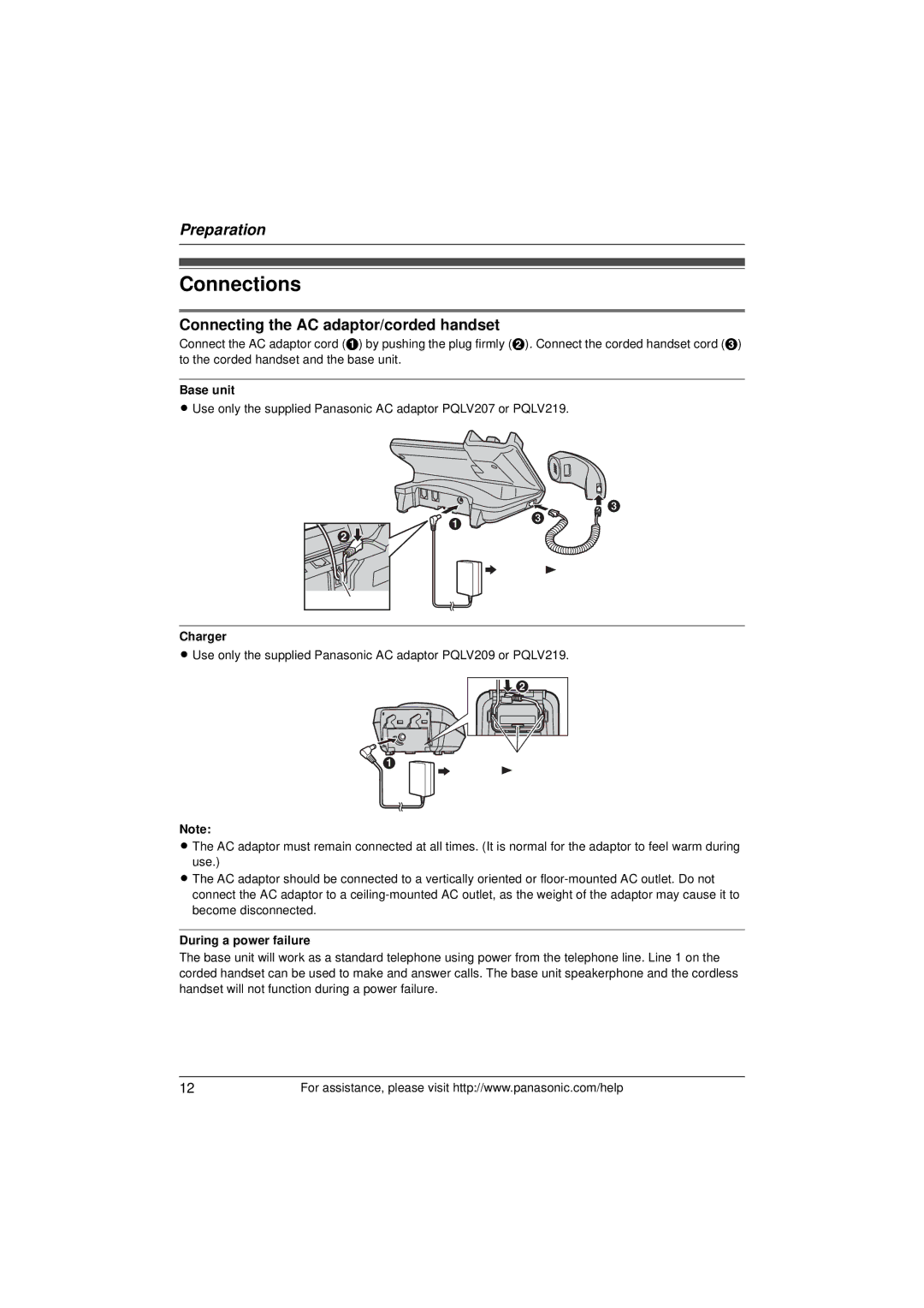 Panasonic KX-TG9391T Connections, Connecting the AC adaptor/corded handset, Charger, Hooks, During a power failure 