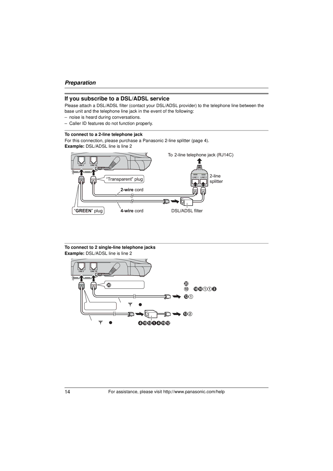 Panasonic KX-TG9391 If you subscribe to a DSL/ADSL service, Example DSL/ADSL line is line Transparent plug, Jacks RJ11C 